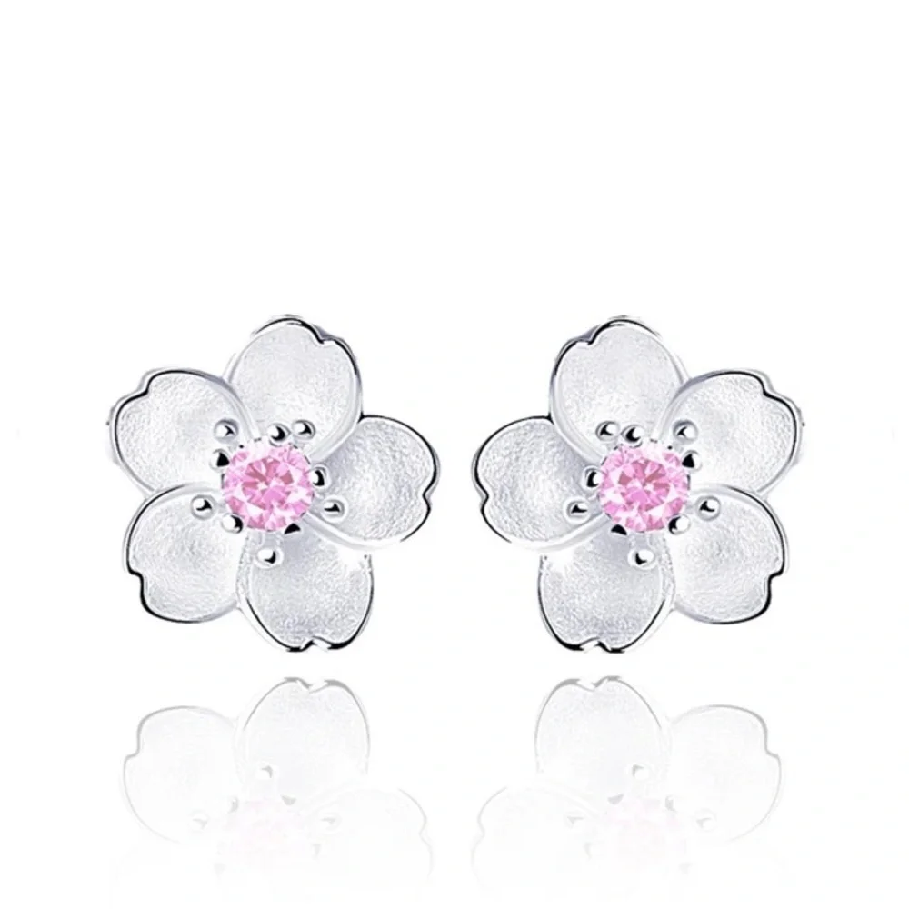 925 Sterling Silver Petite Cherry Blossom Sakura Silver Flowers Pink Diamanté - Picture 4 of 5